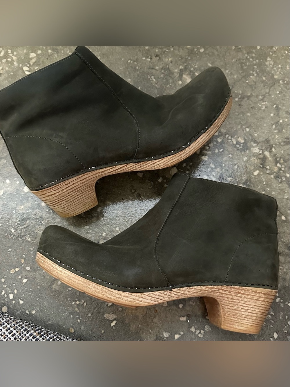 Dansko Olive Green Leather Ankle Booties with Wood-Effect Heel